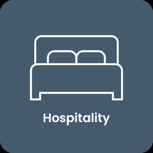 Icon of a bed with the word 'Hospitality' below on a blue background.